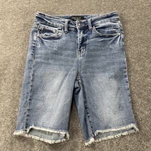 Judy Blue Womens Denim Bermuda Shorts Small Raw Hem Stretch Light Wash Casual